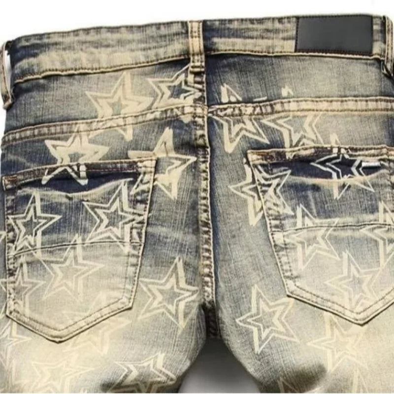 Men's Distressed Patchwork Jeans patchwork detail
